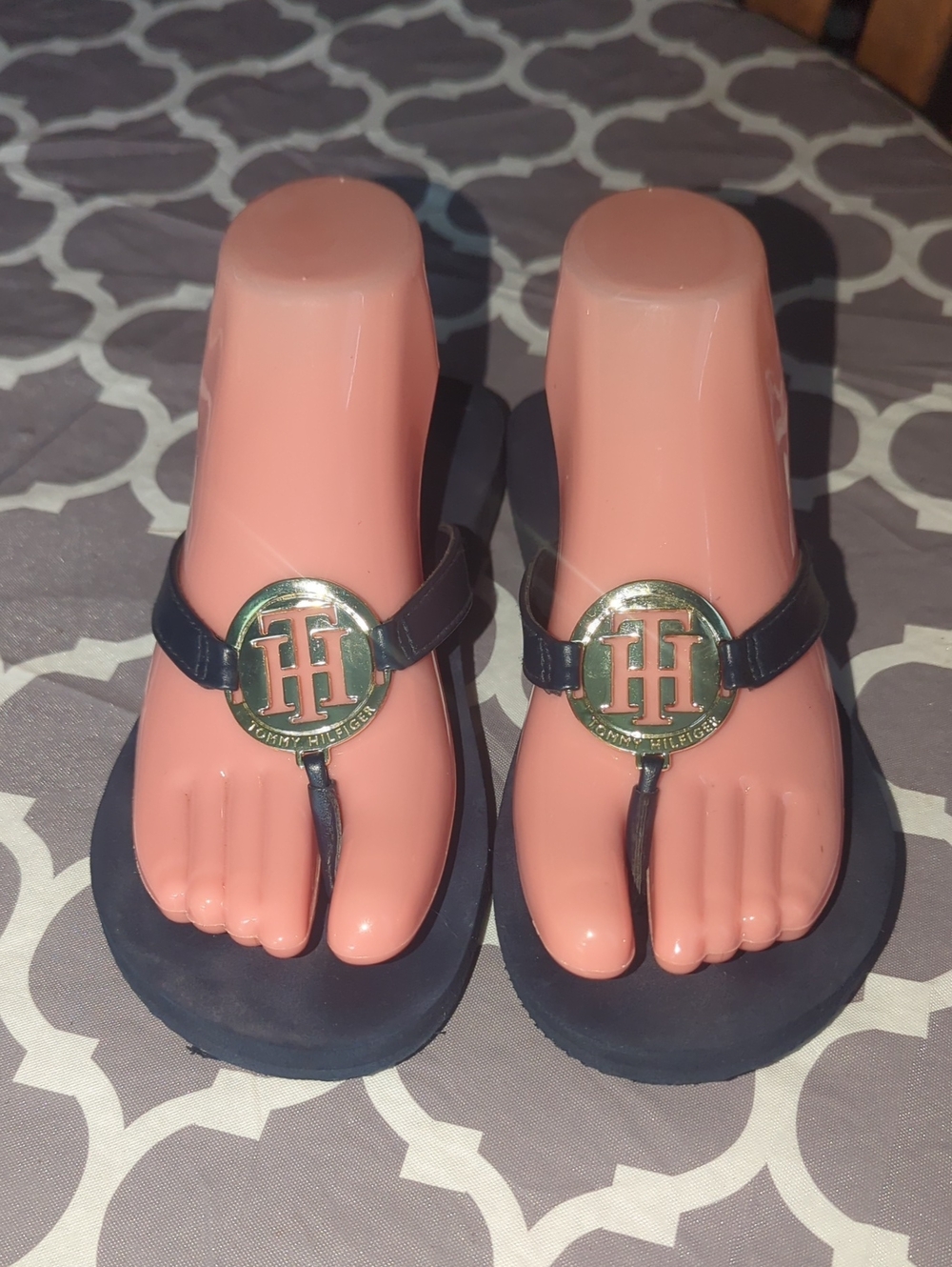 Tommy Hilfiger Navy Thong Sandals with Gold Logo Medallion
